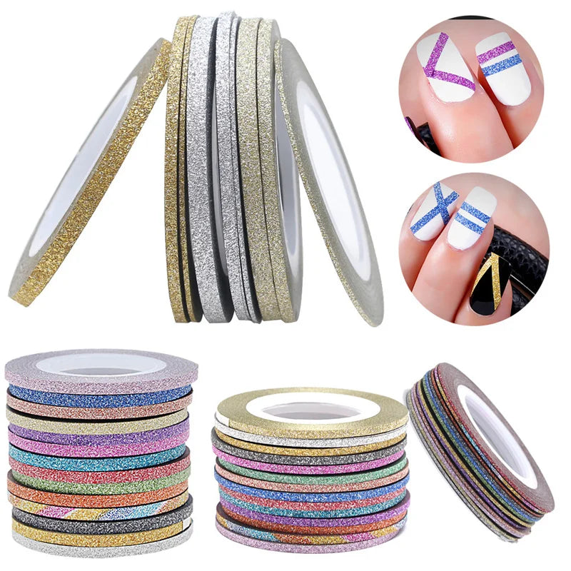 10st rullar nail art glitter striping tejp 1mm/2mm/3mm mixade färger