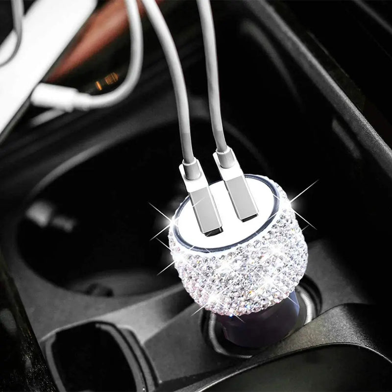 Dubbel USB-billaddare med strass/diamanter