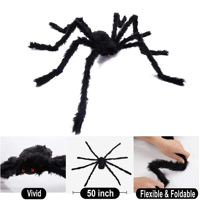 Läskig spindlar i olika storlekar,  enorm spindelnät, halloween dekoration