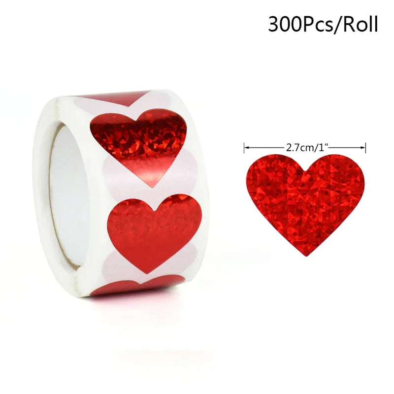 300st/rulle Sparkle Heart Stickers Red Love, Självhäftande klistermärke