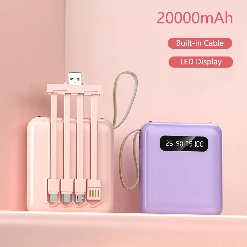 Mini Power Bank 20000mAh med 4 kablar Mobiltelefon Extern batteriladdare för iPhone Samsung Huawei Xiaomi Portable Powerbank