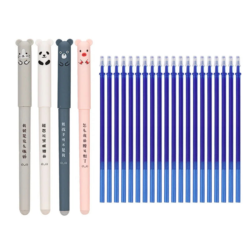 4+20 st/set Kawaii Pig Bear Cat Raderbar Gel Pen, 0,35 mm Blå Svart bläck