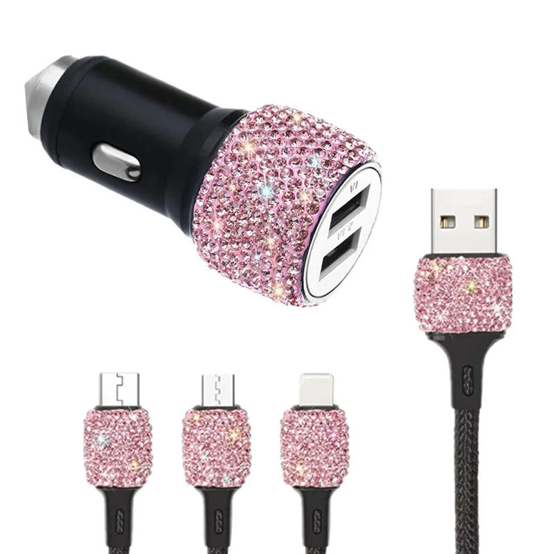 Dubbel USB-billaddare med strass/diamanter