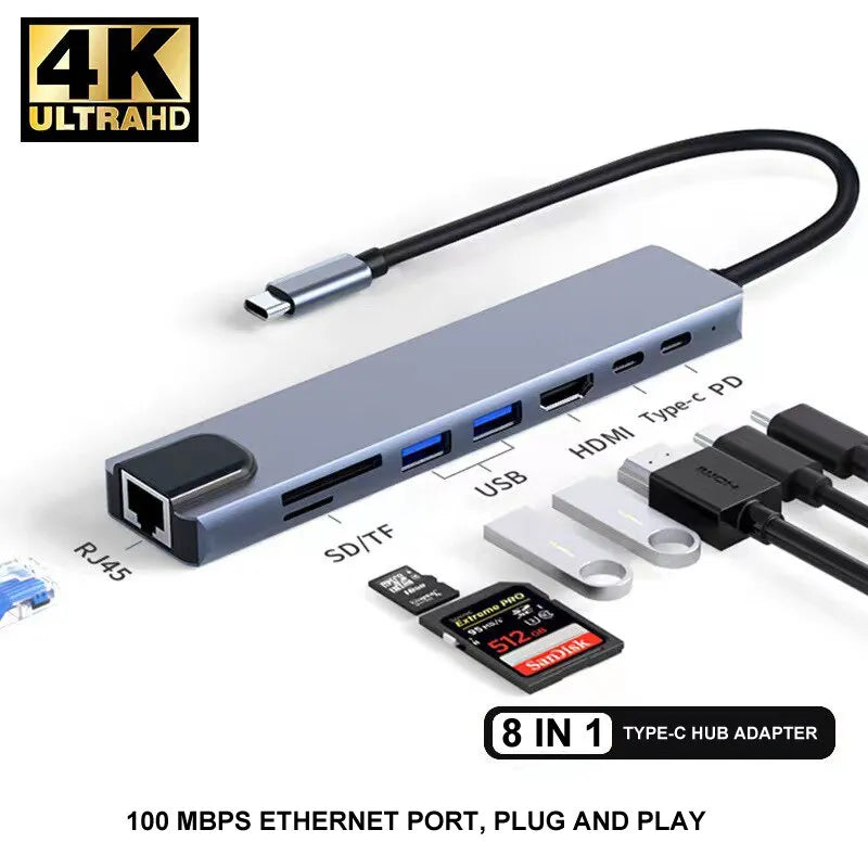 Usb 8 In 1 Typ C 3 1 Till 4k HDMI Hub Adapter Med Sd Tf Rj45 Kortläsare