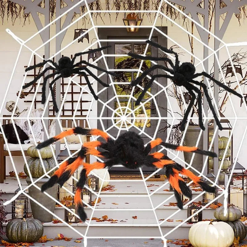 Läskig spindlar i olika storlekar,  enorm spindelnät, halloween dekoration